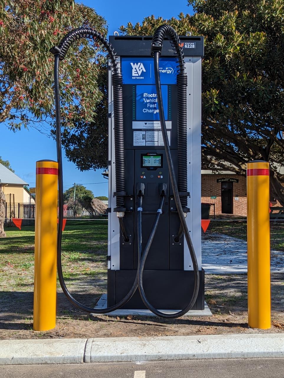 EV fast charger, Old Gaol Museum Carpark. View of front of charger