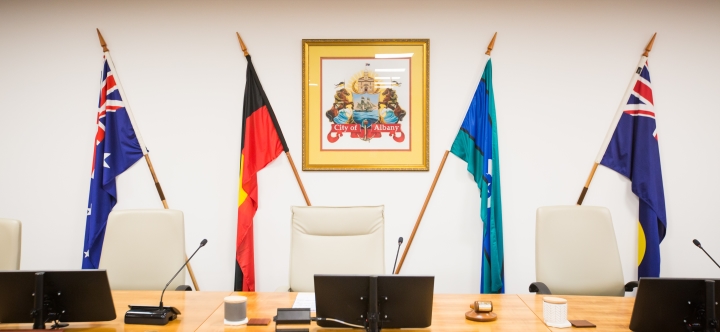 An image of North Road administration building flags