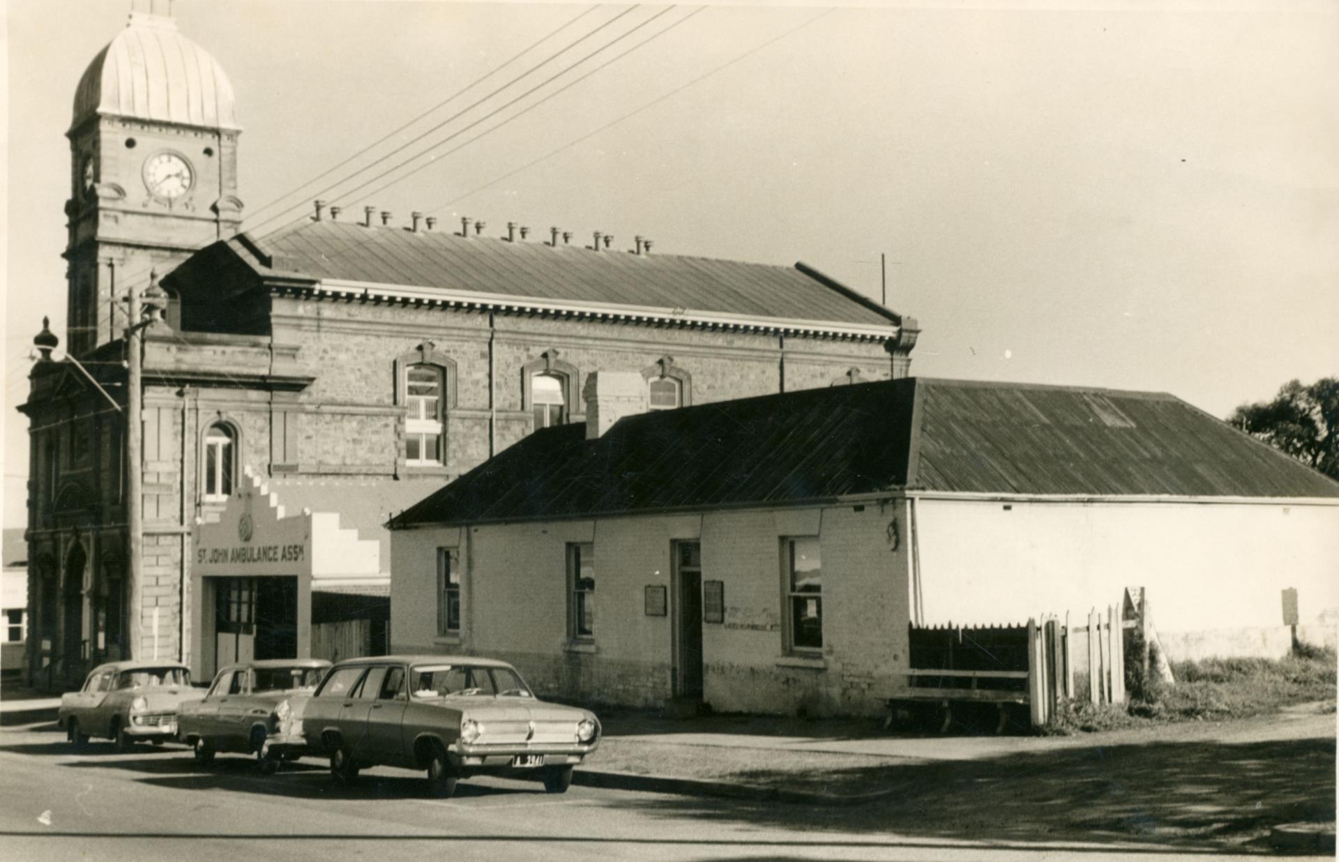Municipal Library on York Street prior demolition with St Johns Ambulance building and the Town Hall [ca 1966]