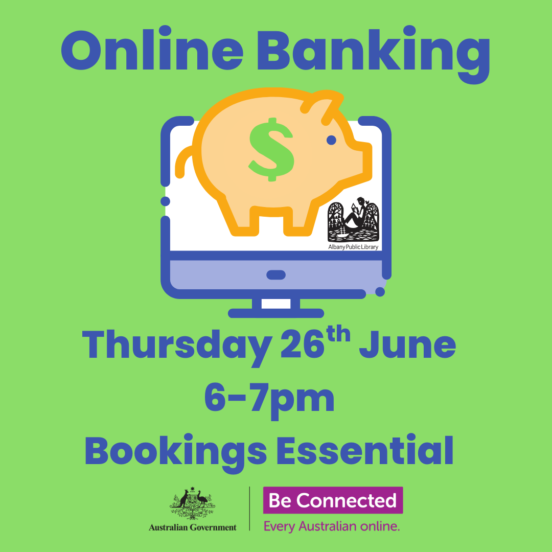 Promotional tile with image of yellow piggy bank on illustrated computer screen and details of event