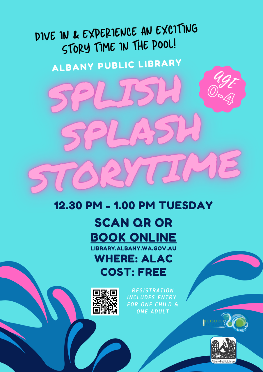 Poster in aqua colour with pink neon writing and dark blue writing describing event, along with QR code to book