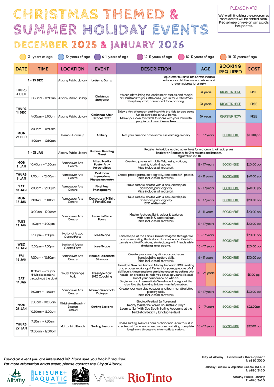 Christmas Themed and Summer School Holiday Events (December 2025 -