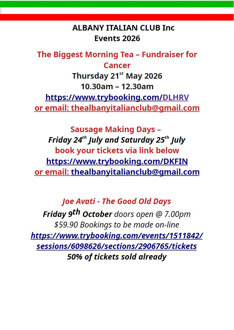 Flyer for Australia's Biggest Morning Tea hosted by Albany Italian Club Inc